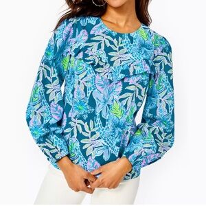 Lilly Pulitzer macaw top tell me about it blue green pink long sleeve blouse